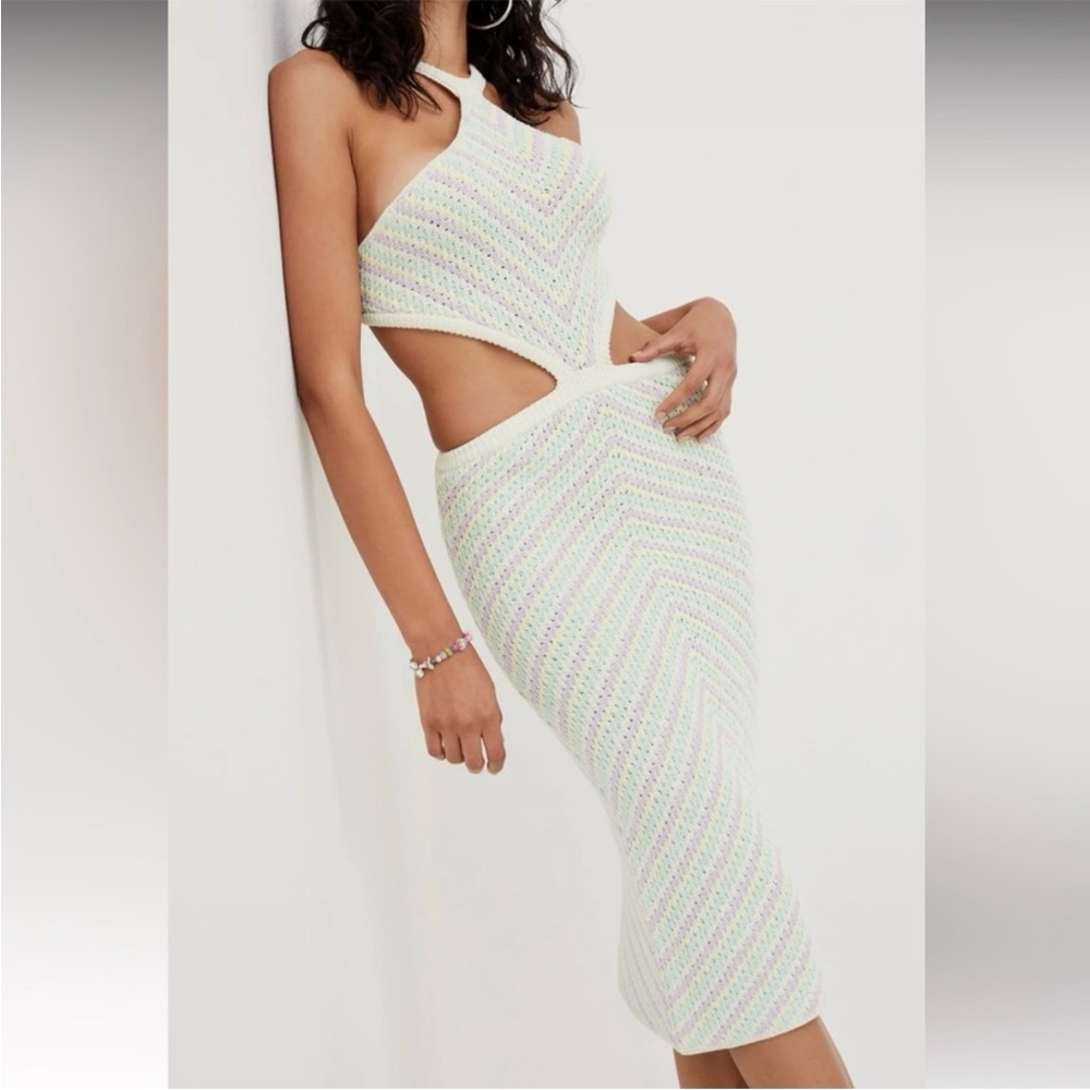 For Love and Lemons - Bette Cut Out Midi Dress Crochet Knit Pastel Size Medium